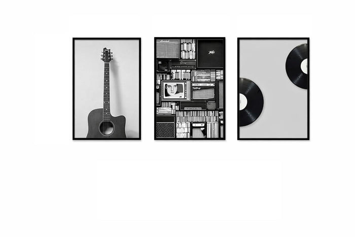 Narendra Arts & Co. Music Wall Art Set of 3, Guitar Quote and Record Player Prints, Black and White Unframed Posters for Bedroom Living Room and Studio Decor (Americana)