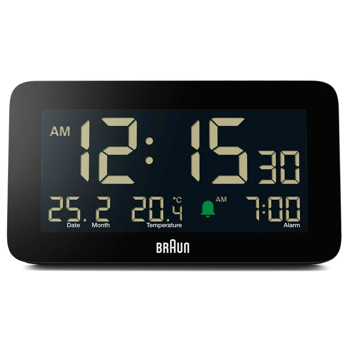 Braun Digital Alarm Clock with Date, Month, and Temperature Display