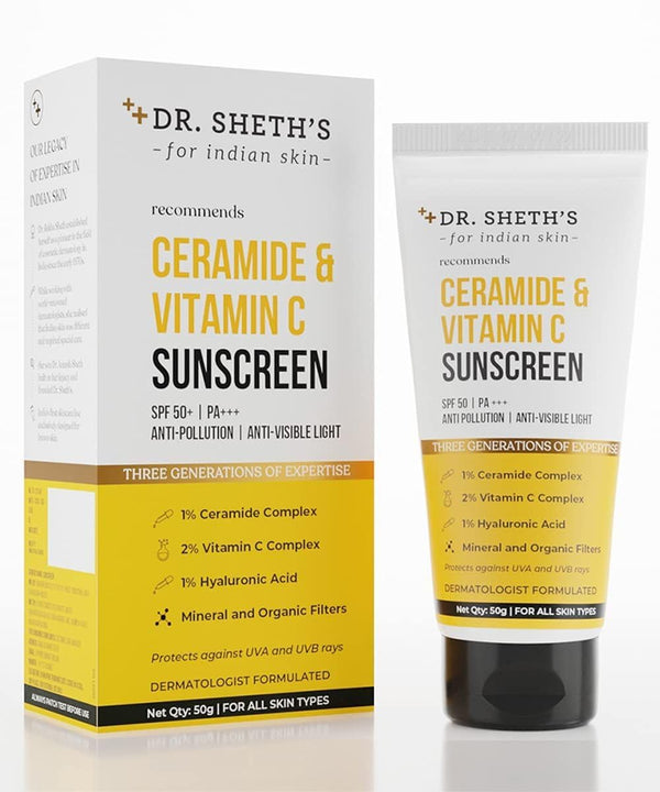 Dr. Sheth's Ceramide & Vitamin C Sunscreen SPF 50+ PA+++ | One Step Routine for Summer | For Women & Men | UVA UVB Sun Protection | 1.76 Oz / 50g
