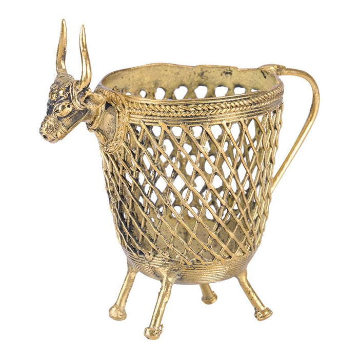 AAURAFUL Handcrafted Brass Bull Pen Stand | Tribal Dhokra Art Desk Organizer