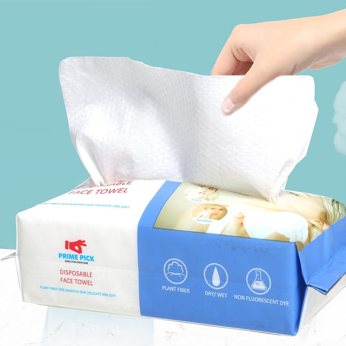 PRIME PICK Disposable Face Towel 50 Count - Soft Cotton Dry Wipes for Makeup Removal and Skincare