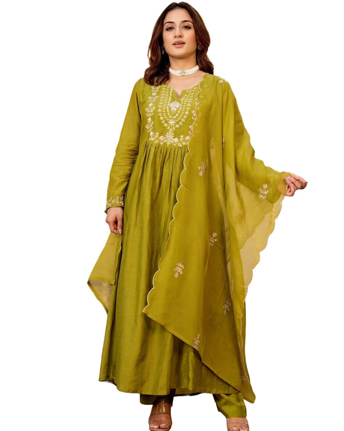 Nermosa Women's Embroidered A-Line Kurta Set with Dupatta