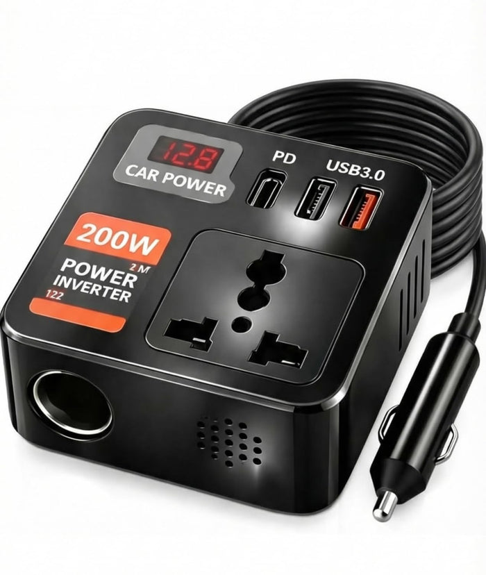 Primate 200W Car Inverter: 4-in-1 AC & USB Fast Charger