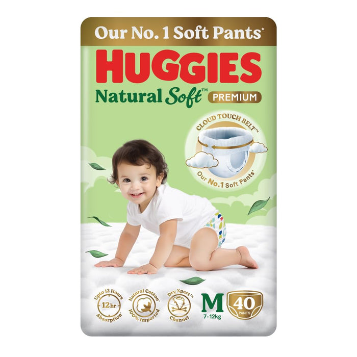 HUGGIES Natural Soft Premium Baby Diaper Pants, Medium (7-12 Kgs), 40 Count