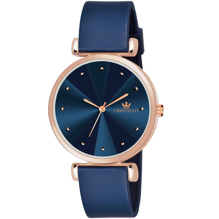CRESTELLO Blue Dial Rose Gold Watch for Women | Silicone Strap
