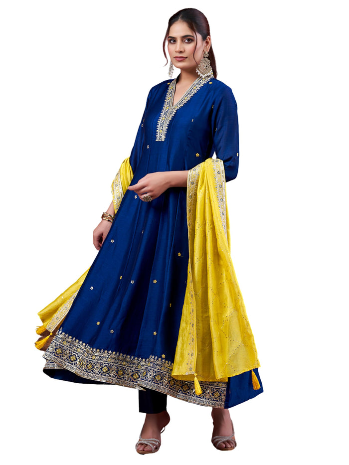 MOKOSH Women's Teal Blue Silk Embroidered Anarkali Kurta Set