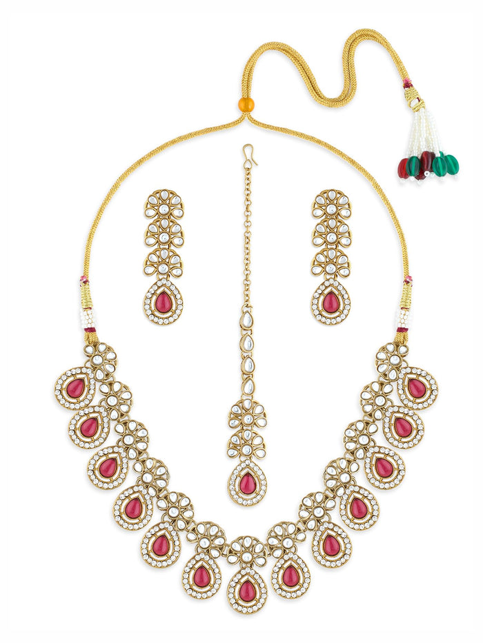 ZAVERI PEARLS Pink Kundan Necklace Earring Maangtikka Set for Women