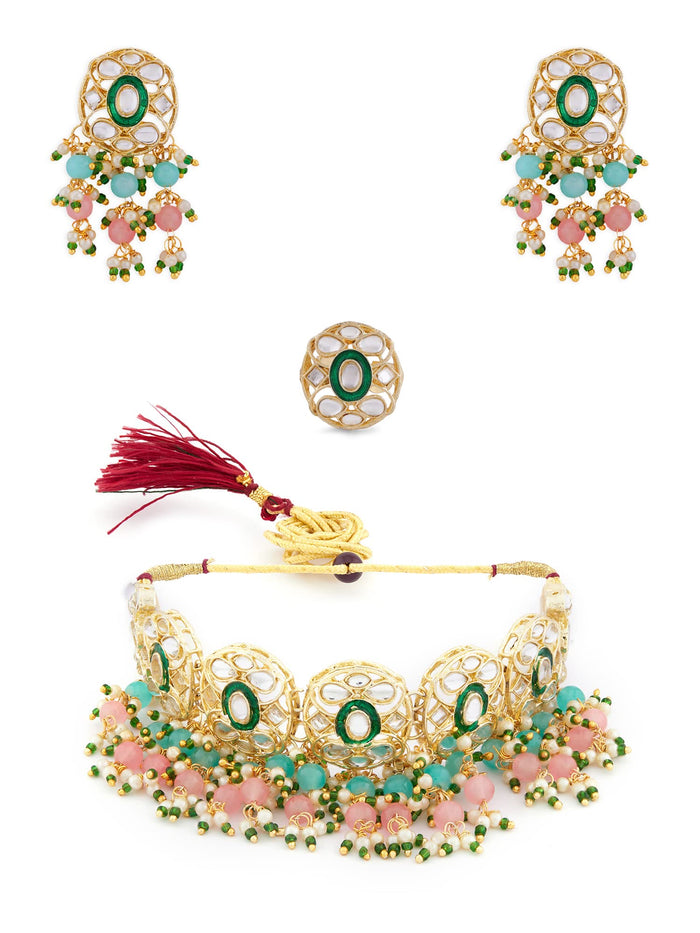ZAVERI PEARLS Pink & Green Kundan Choker Necklace Earring Ring Set