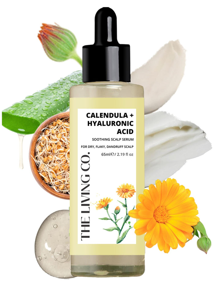 THE LIVING CO. Calendula + Hyaluronic Soothing Scalp Serum 65 ml with Ceramides I Hydrates scalp, Repairs scalp barrier, Fights dandruff, Reduces flakes & Itchiness | for Men & Women (1 Month Pack)