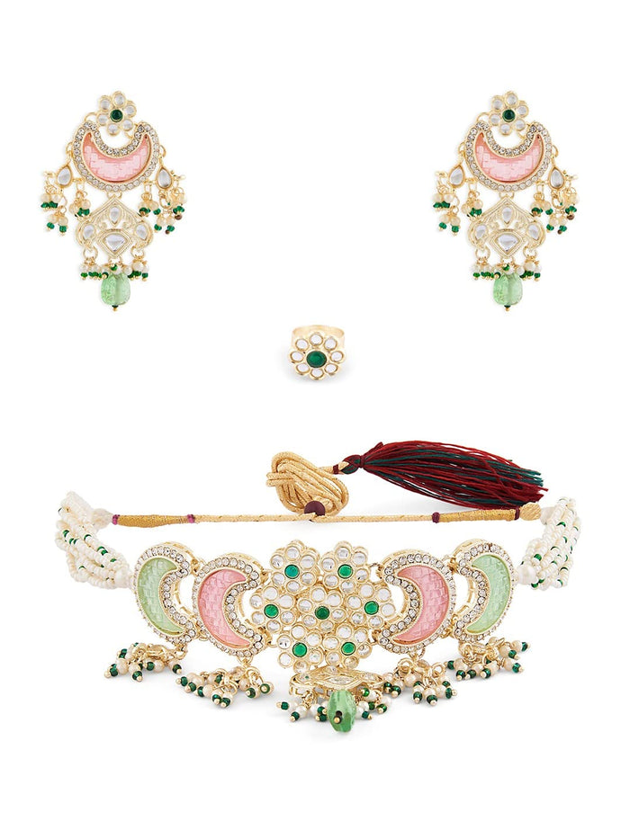 ZAVERI PEARLS Pink Green Multistrand Choker Necklace Earring Ring Set